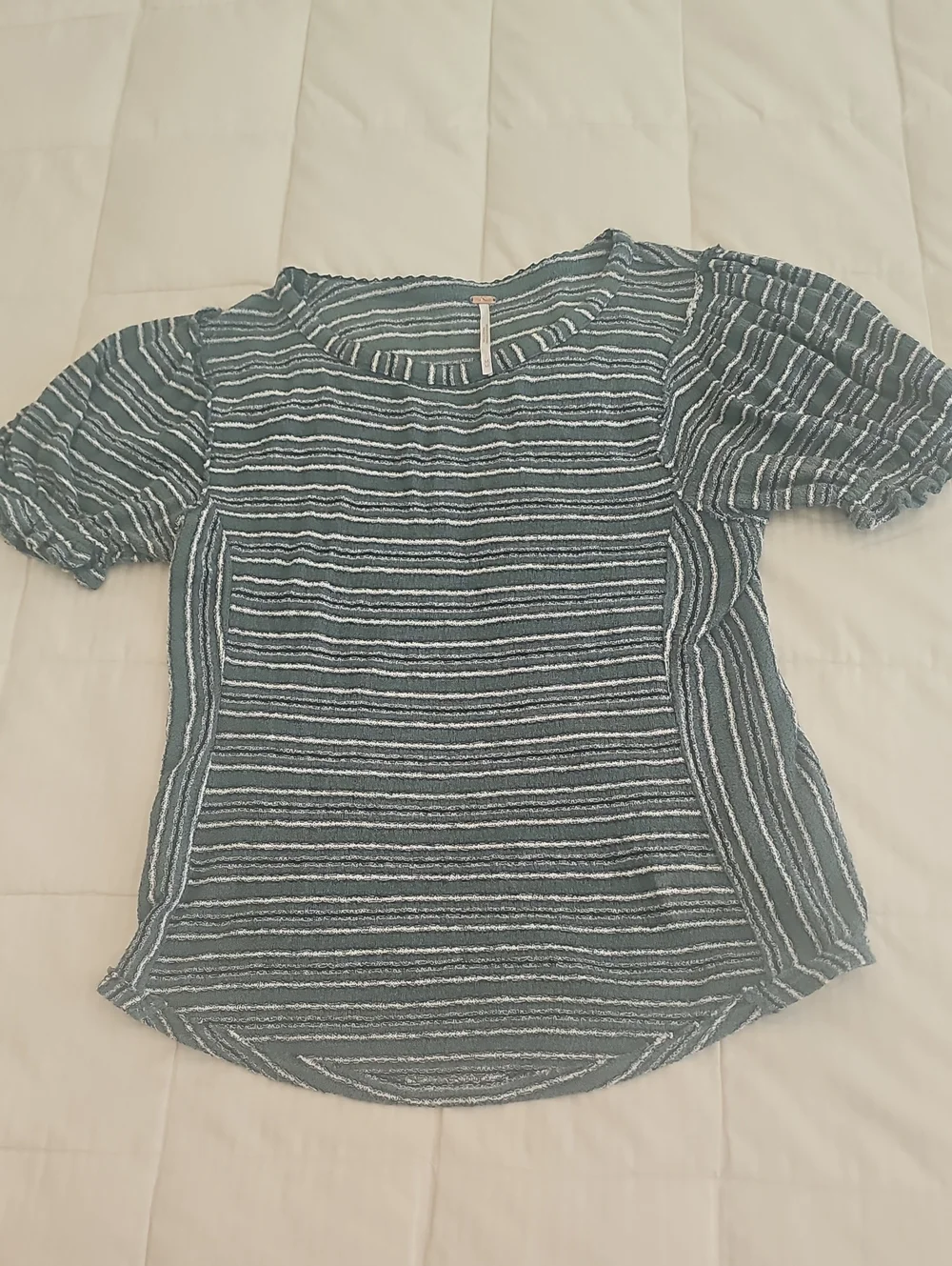 Vintage Free People Teal White Stripe Puff Sleeve Knit Top Medium